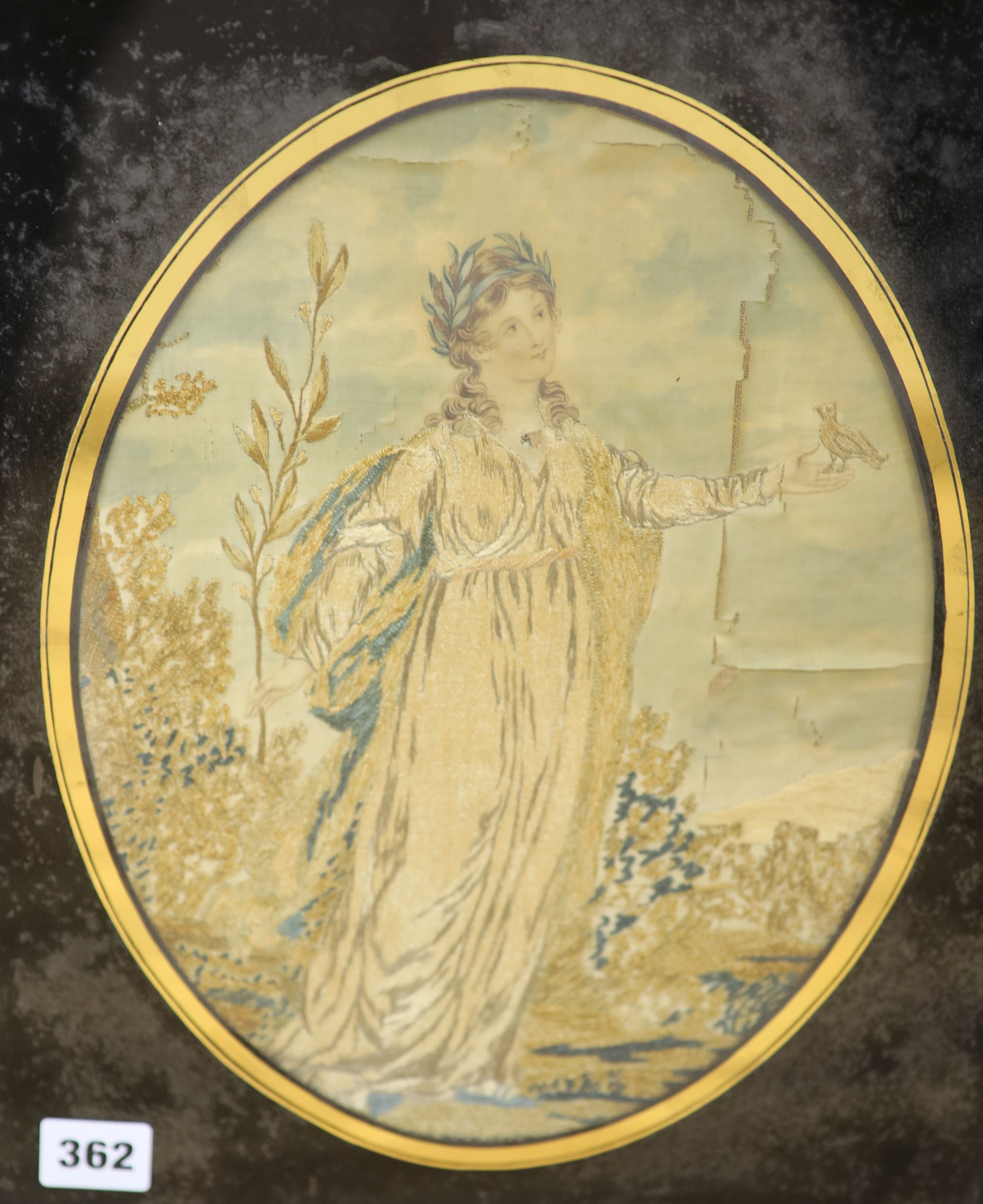 A 19th century silk picture, a petit point picture and a coloured print